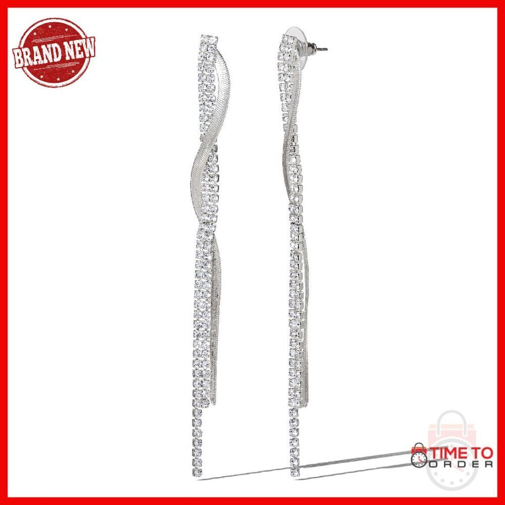 Long Rhinestone Tassel Dangle Earrings, Silver-Tone Chain Fringe, Statement